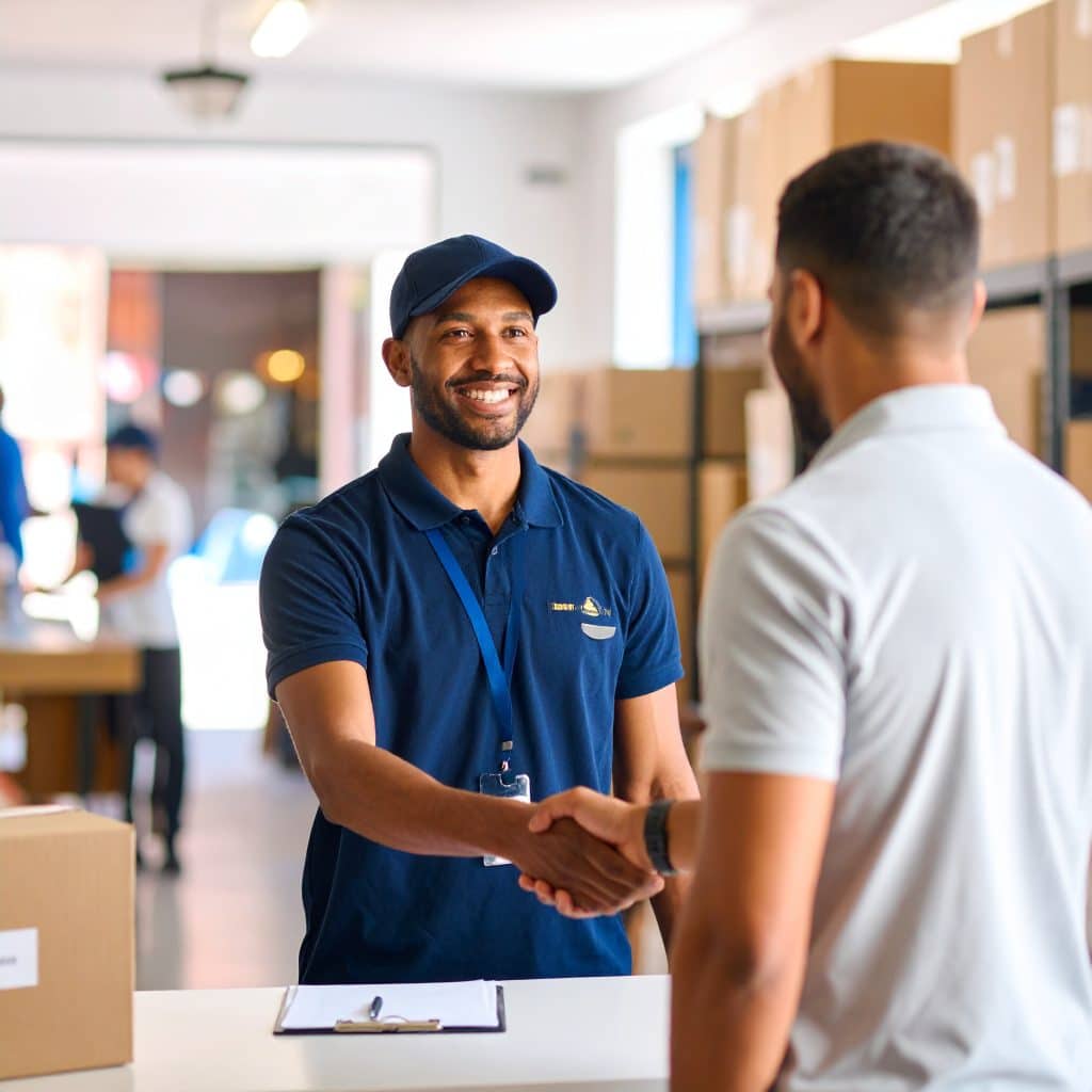 All Access Storage staff member greeting a customer with a handshake at the service counter in Parksville.