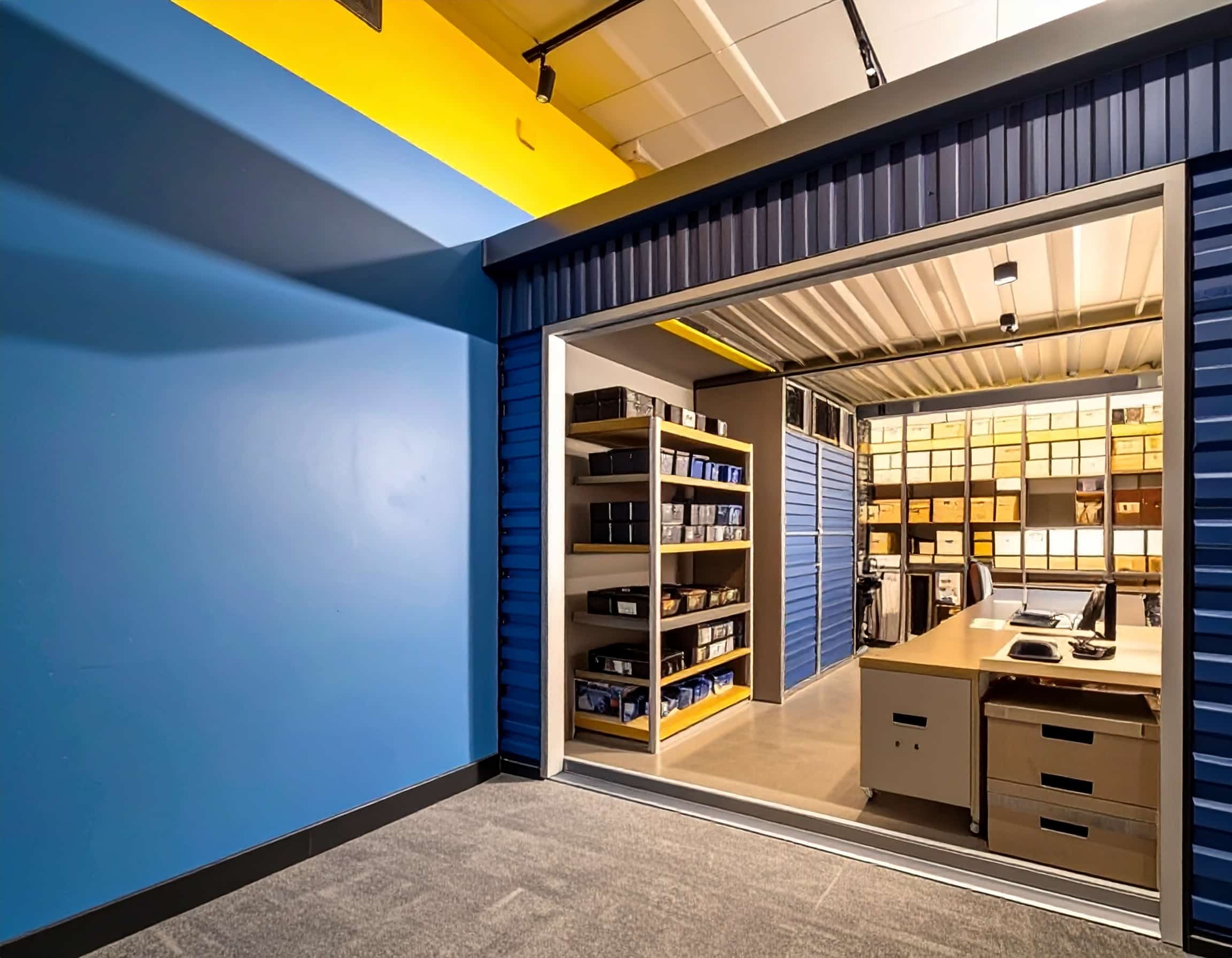 Storage unit at All Access Storage Parksville organized with shelves and boxes to show storage capacity.